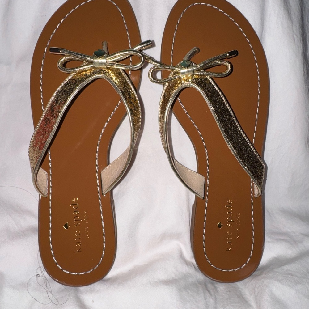 Kate Spade Gold Glitter Bow Thong Sandals - Sparkle Flip Flops - Size 8M
